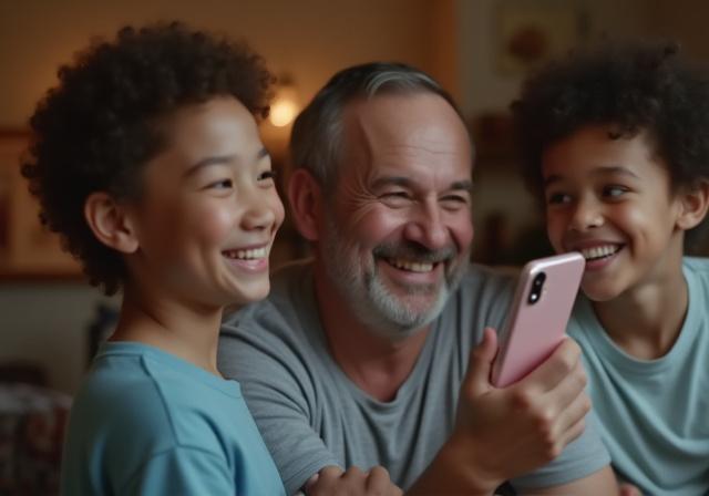 عائلة سعيدة تتواصل عبر الهاتف